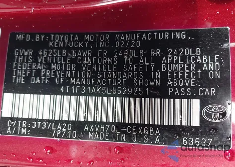 2020 Toyota Camry Xle Hybrid z USA, uszkodzony, nr VIN 4T1F31AK5LU529251